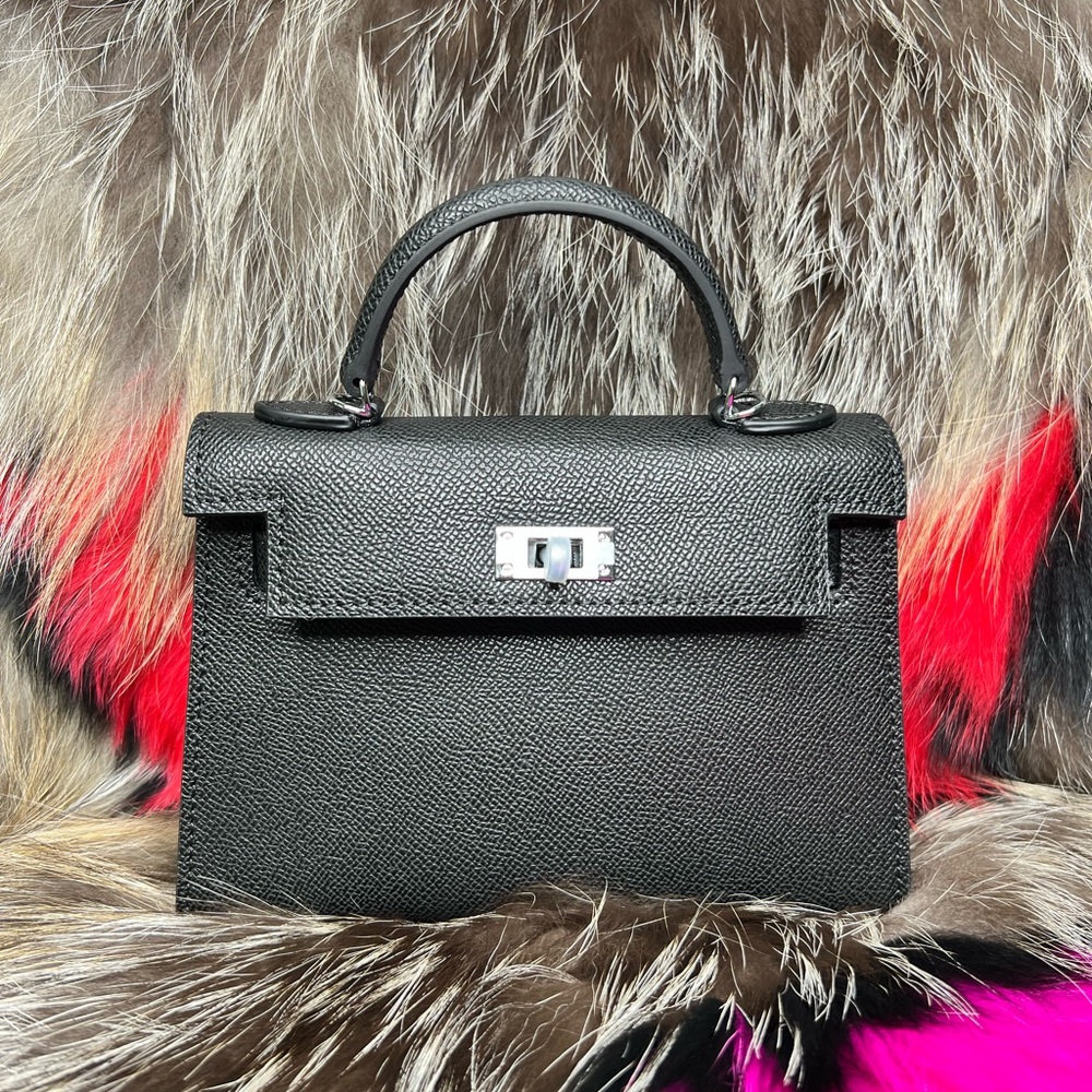 Genuine Epsom Leather mini handbag with shoulder strap featuring Silver hardware